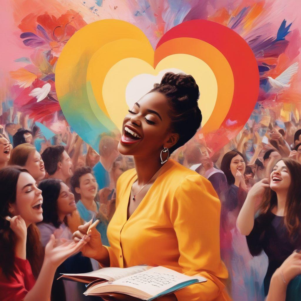 A colorful collage depicting diverse artist-fan interactions, such as a singer performing for an ecstatic crowd, an author signing books with fans, and a painter showcasing their artwork to captivated viewers. The heart symbol subtly blended into the background, representing affection. Bright and warm tones create an inviting atmosphere, celebrating connection and intimacy. dreamy illustration. vibrant colors. soft focus.