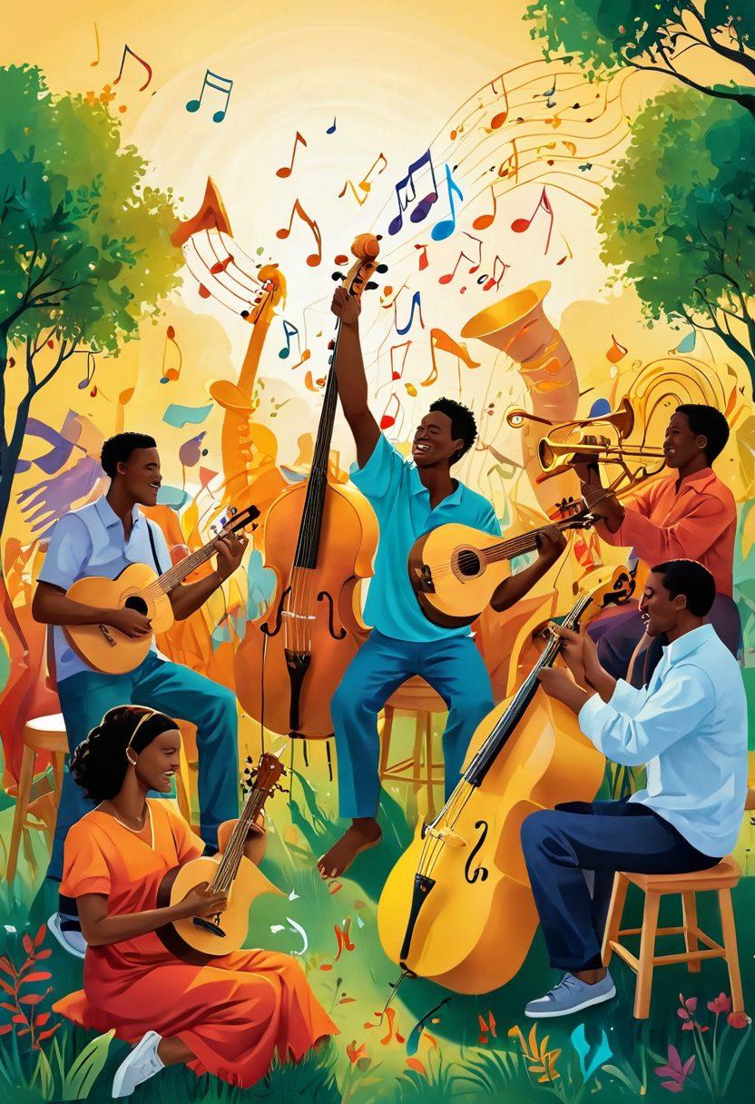 A vibrant scene of diverse individuals from various backgrounds passionately playing different musical instruments together in an outdoor setting, surrounded by colorful notes and symbols flowing in the air, symbolizing unity. Soft golden light bathes the scene, highlighting their joyful expressions and the connections between them. Artistic elements like musical waves and heart shapes intermingling with the instruments create a sense of harmony. Illustration style: super-realistic. vibrant colors. 3D.